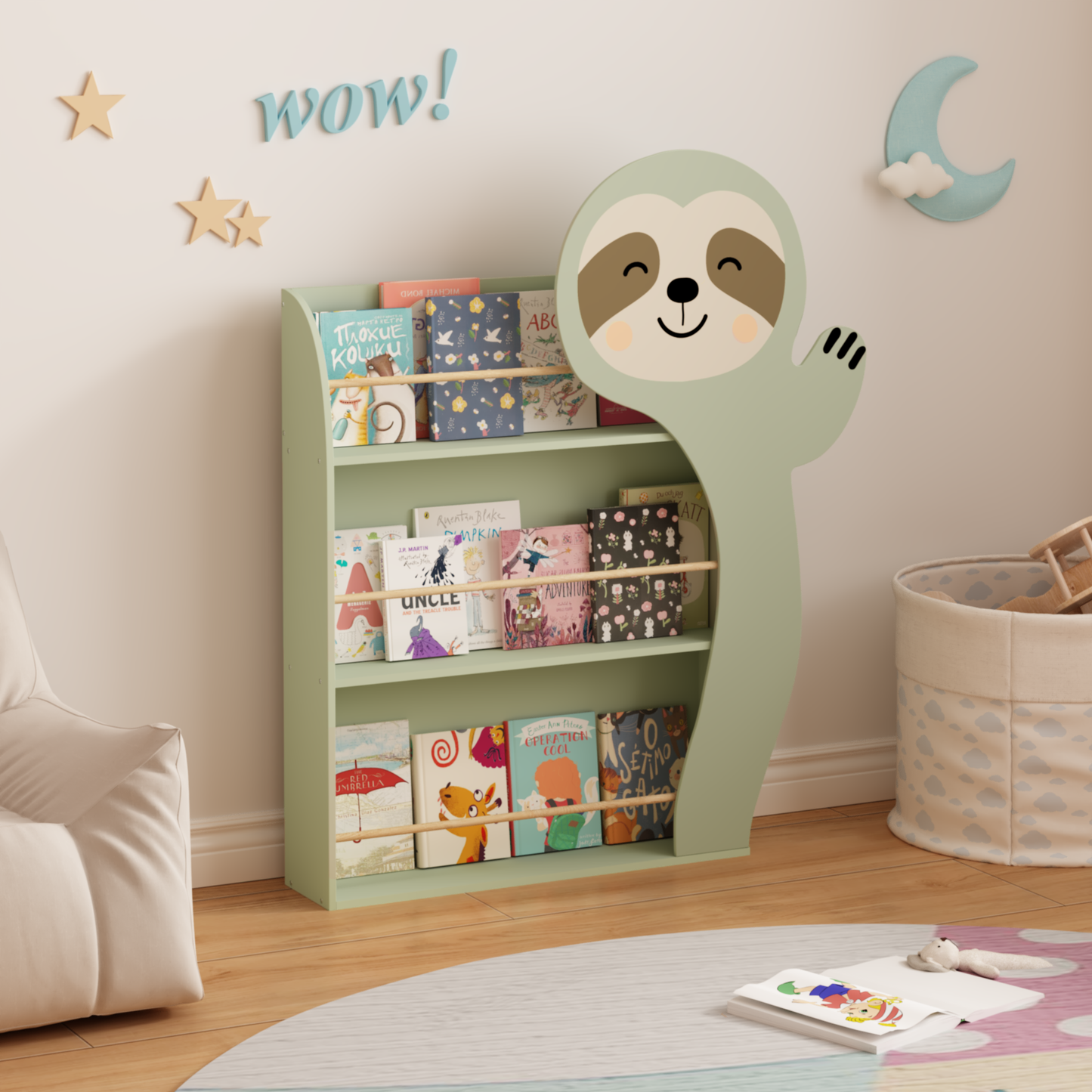 Sloth Kids Bookshelf, Front-Facing Toddler Book Display Rack With 3 Tiers, Cute Animal Design, Wooden Nursery Bookshelf For Playroom, Bedroom & Reading Corner, Safe & Sturdy Storage Organizer