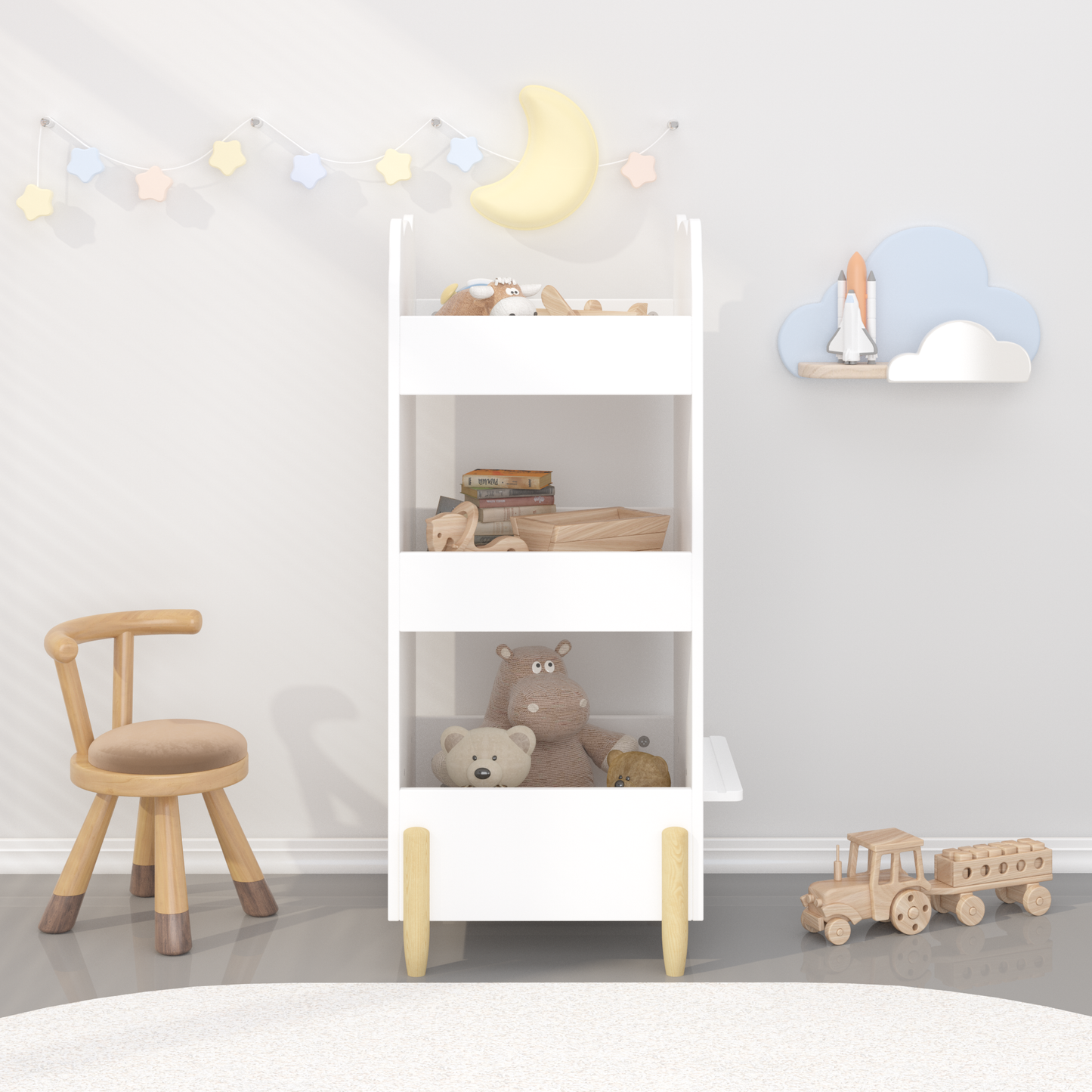 Kids Bookshelf With Chalkboard Side  Bear Shaped Wooden Bookcase With 3 Tier Storage, Drawing Board For Toddlers, Toy And Book Organizer For Playroom Or Bedroom  White