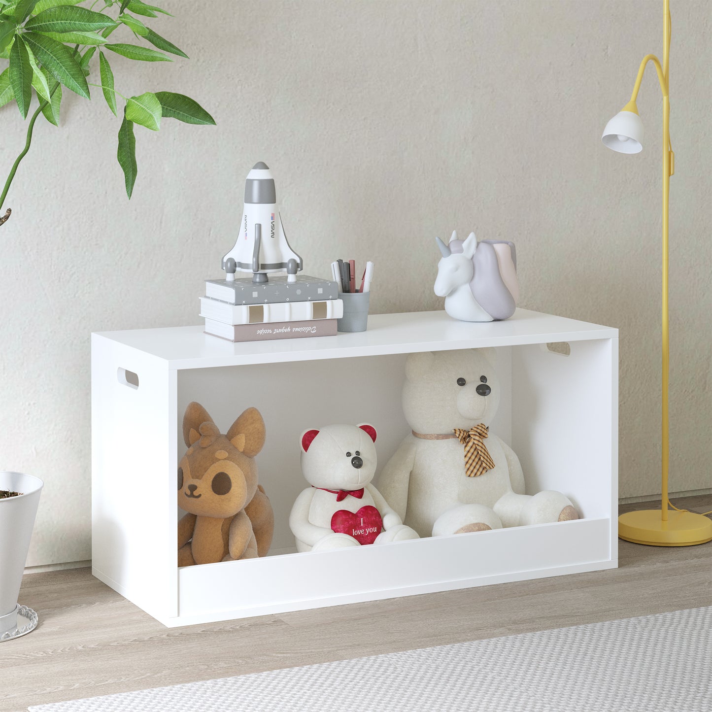 Open Toy Storage Box For Kids, White Wooden Organizer Bin For Plush Toys, Books, Nursery Or Playroom Use