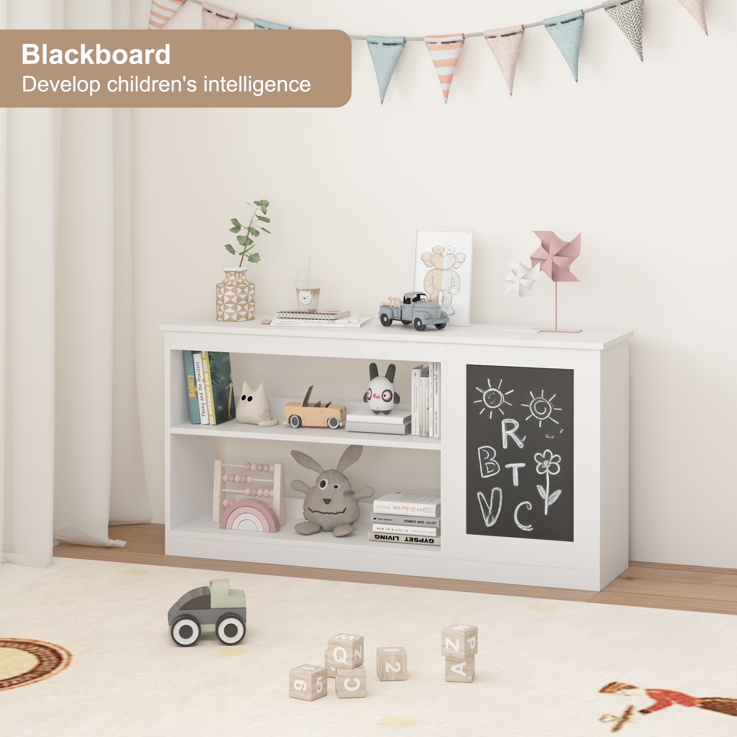 3-in-1 Kids Bookshelf And Toy Storage Cabinet With Chalkboard  Modern White Organizer For Playroom