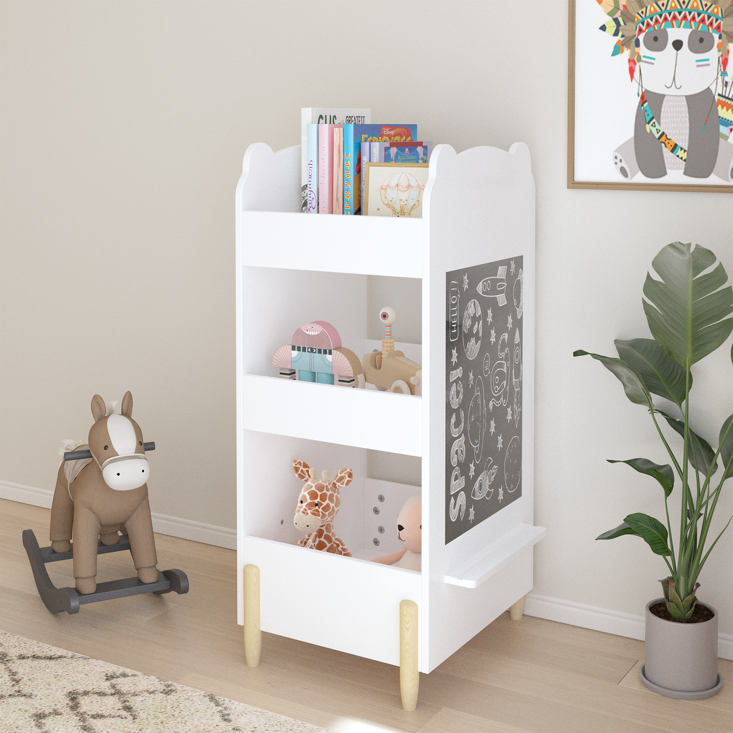 Kids Bookshelf With Chalkboard Side  Bear Shaped Wooden Bookcase With 3 Tier Storage, Drawing Board For Toddlers, Toy And Book Organizer For Playroom Or Bedroom  White