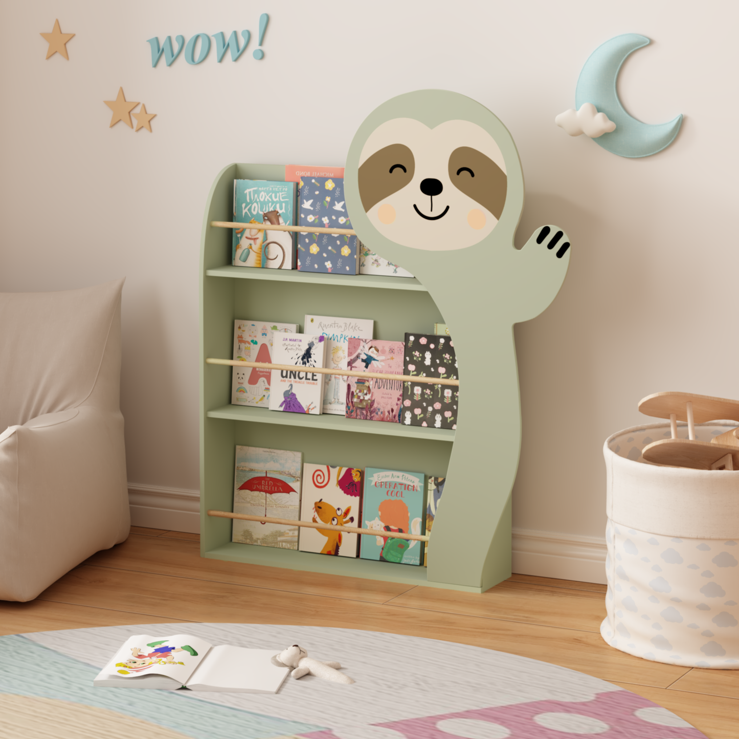 Sloth Kids Bookshelf, Front-Facing Toddler Book Display Rack With 3 Tiers, Cute Animal Design, Wooden Nursery Bookshelf For Playroom, Bedroom & Reading Corner, Safe & Sturdy Storage Organizer