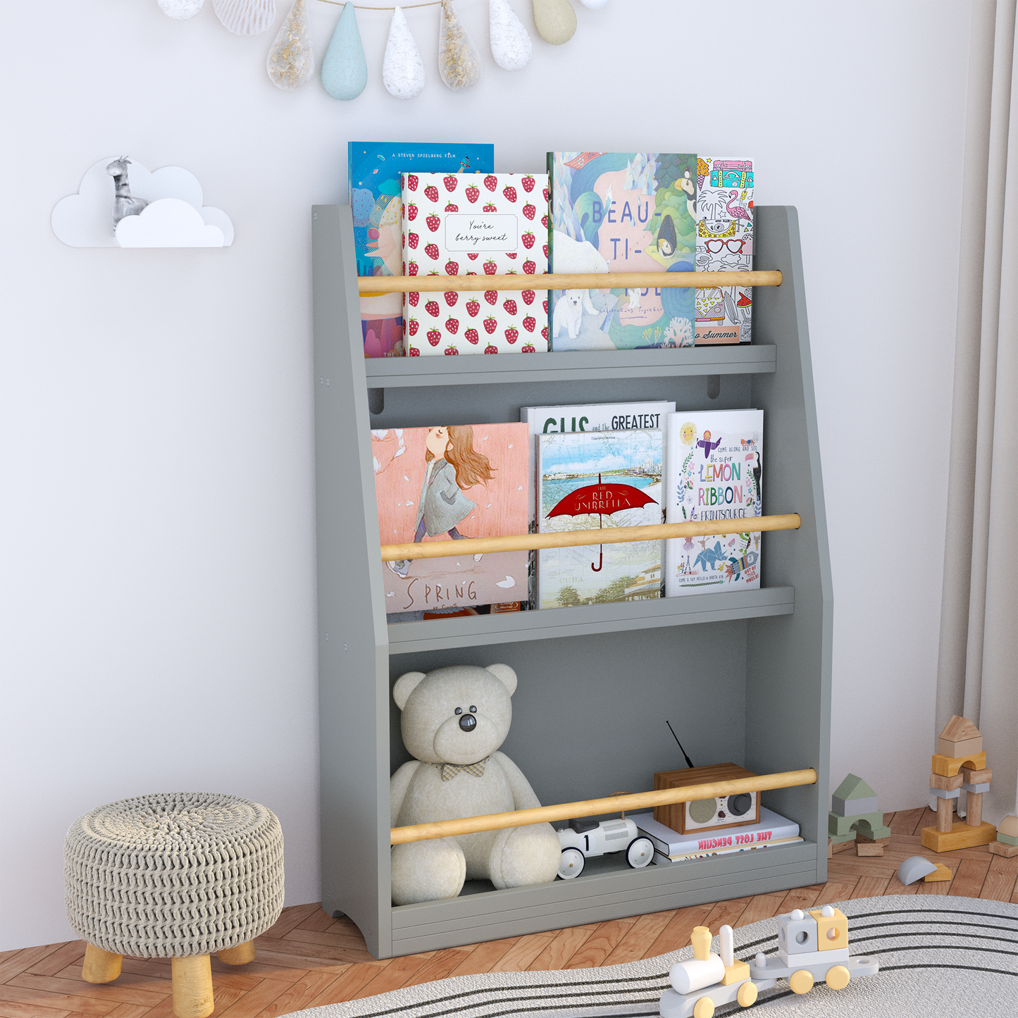 3 Tier Kids Book Shelf,Kids Book Rack, Helps Keep Bedrooms, Playrooms, And Classrooms Organized, Gray