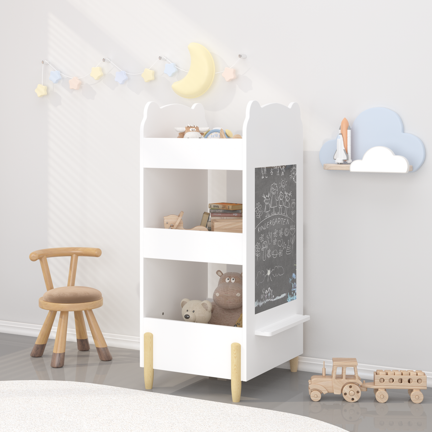 Kids Bookshelf With Chalkboard Side  Bear Shaped Wooden Bookcase With 3 Tier Storage, Drawing Board For Toddlers, Toy And Book Organizer For Playroom Or Bedroom  White