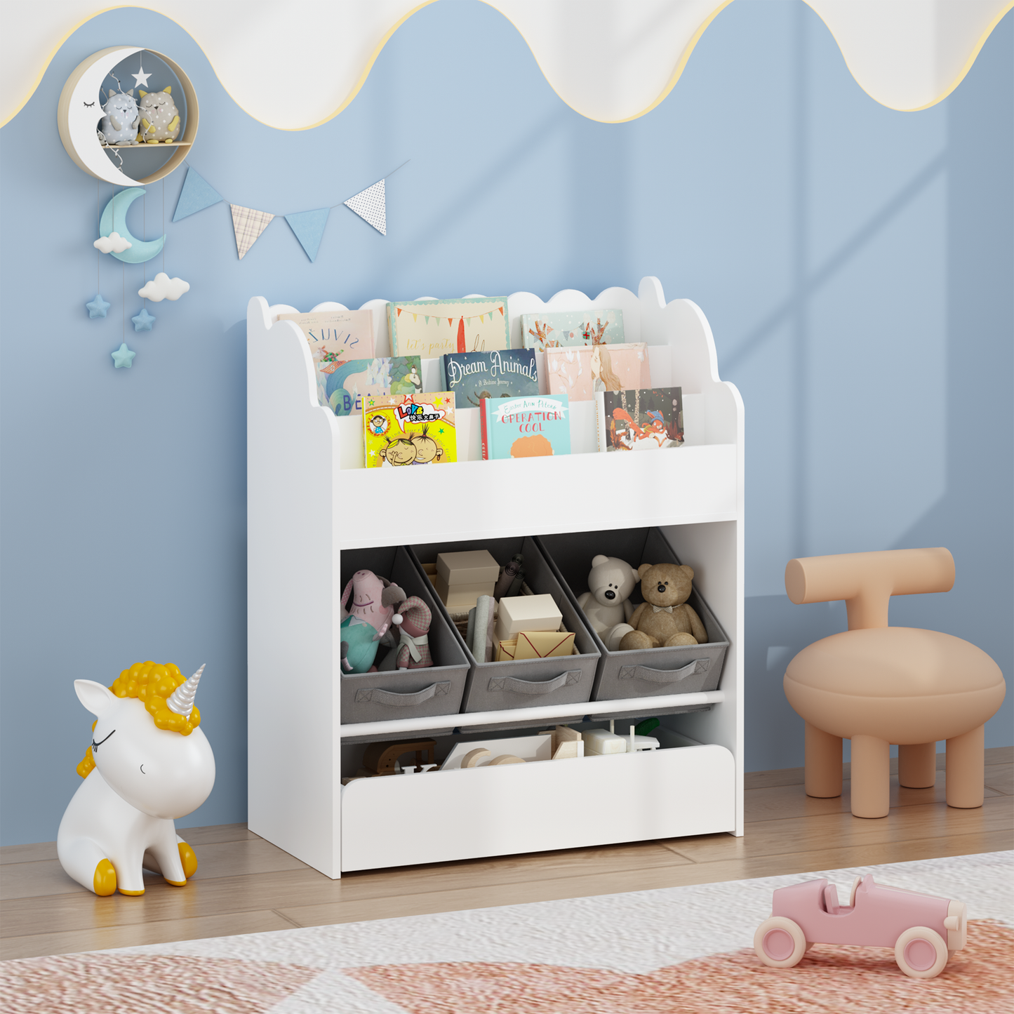Kids Bookshelf With Storage Bins And Drawer, Multi-Functional Wooden Book Organizer For Toddlers, White Bookcase For Toys, Books And Nursery Room