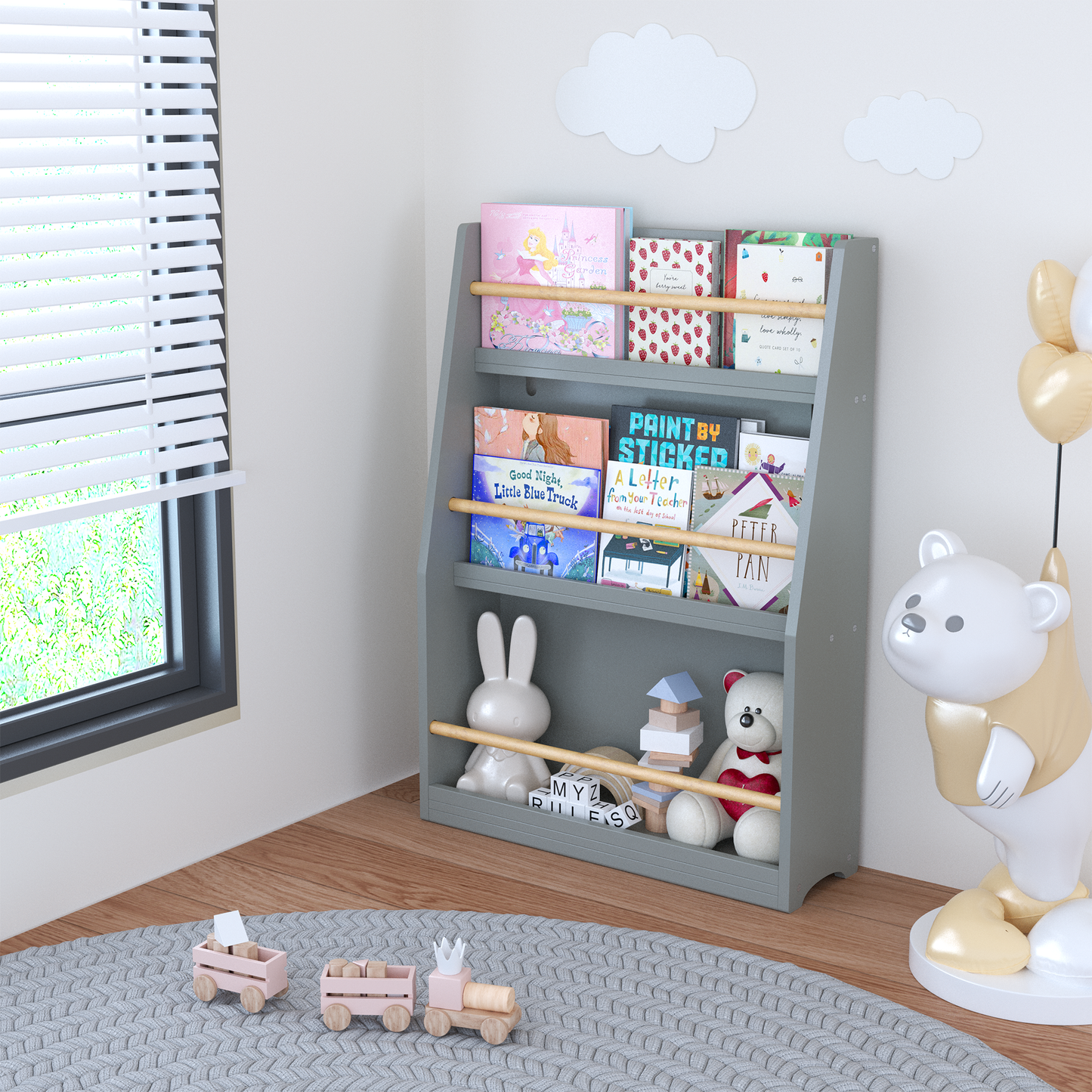 3 Tier Kids Book Shelf,Kids Book Rack, Helps Keep Bedrooms, Playrooms, And Classrooms Organized, Gray